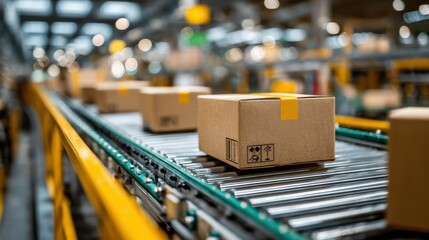 Brown boxes are moving along a conveyor belt in a bustling distribution center. Workers are busy sorting and preparing packages for shipment during daylight hours.