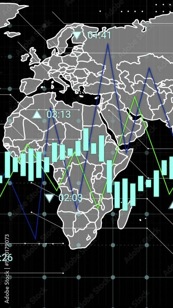 Aufkleber animation of data processing and world map against black background
