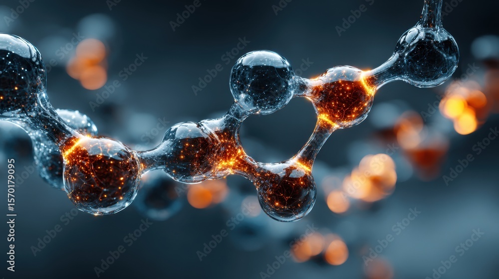 Poster vivid representation of a molecular structure with glowing nodes highlighting connections. this artw