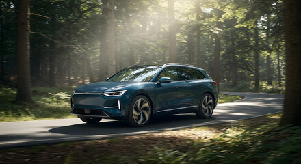 eco friendly suv driving in green forest.