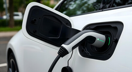 closeup electric car charging connector plugged.