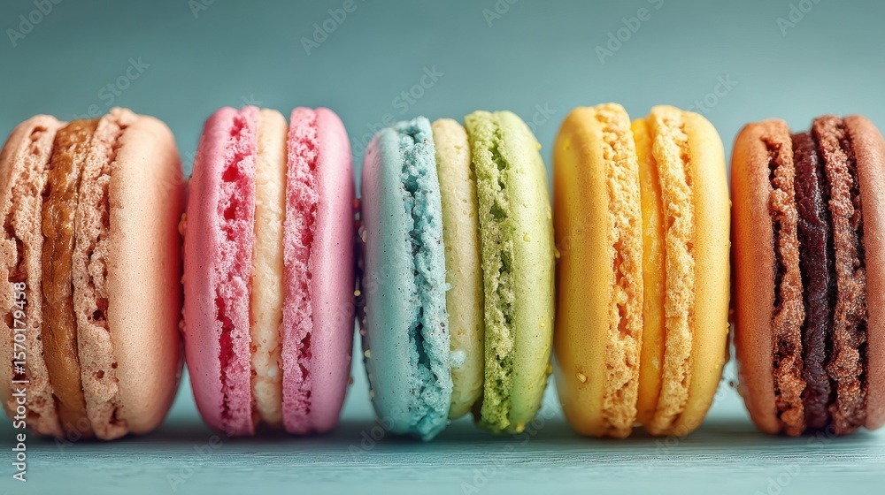 Poster delicate macarons in various pastel colors are arranged neatly in a row on a soft blue background, s