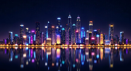Fototapeta premium : Vibrant Night City Skyline with Colorful Lights Reflected on Water Surface