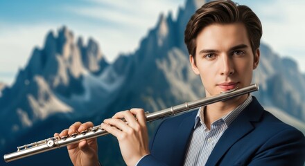 Young caucasian male playing flute in mountainous landscape