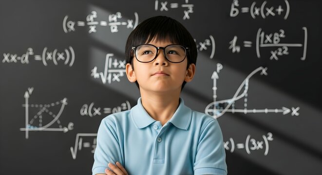 Young Boy with Glasses Looking at Blackboard with Math Equations – Focused Student - Powered by Adobe