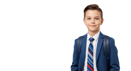 Young Boy in School Uniform with Backpack and Tie Smiling Softly – Back to School Portrait