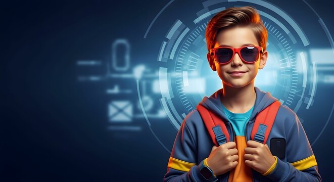 Cool Boy with Sunglasses and Backpack on Futuristic Digital Background – Back to School - Powered by Adobe