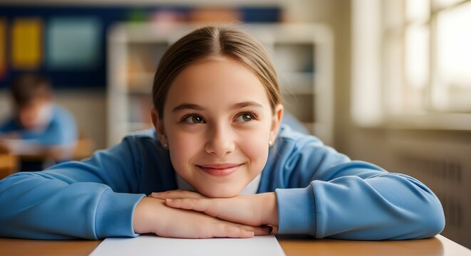 Thoughtful Girl Resting Head on Hands at Desk in Classroom – Back to School Moment