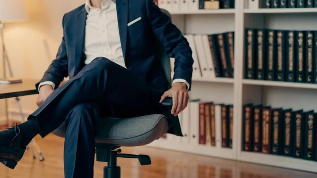 Man in a suit sitting casually on an office chair, legs crossed, with a bookshelf in the background, symbolizing professionalism, relaxation, and a modern corporate environment.