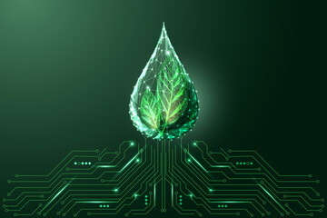 Glowing green biofuel drop with leaves and AI circuitry, symbolizing clean energy innovation