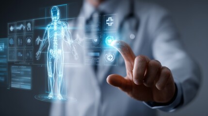 Business professional using a futuristic holographic display for telemedicine, with icons of virtual doctor consultations and AI diagnostics