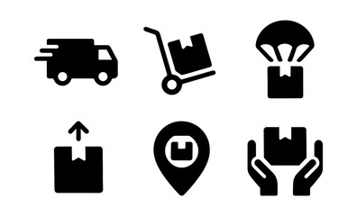 Logistics and delivery icons set featuring truck, cart, parachute, arrow, location, and hands