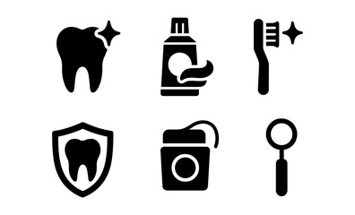 Dental hygiene icons set: tooth, toothbrush, toothpaste, dental shield, floss, dental mirror