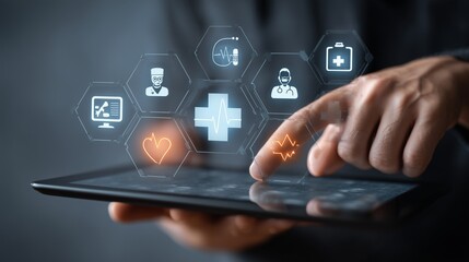Digital health app interface on a tablet with glowing telemedicine icons like video calls, remote heart monitoring, and online prescriptions