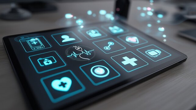 Digital health app interface on a tablet with glowing telemedicine icons like video calls, remote heart monitoring, and online prescriptions