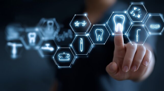 Digital interface with glowing dental icons such as tooth, dental drill, braces, and oral scanner, futuristic concept