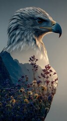 Águila de cabeza, calva en una hermosa ilustración, de doble exposición, símbolo de Norteamérica y la libertad.