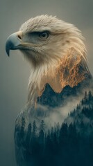 Águila de cabeza, calva en una hermosa ilustración, de doble exposición, símbolo de Norteamérica y la libertad.