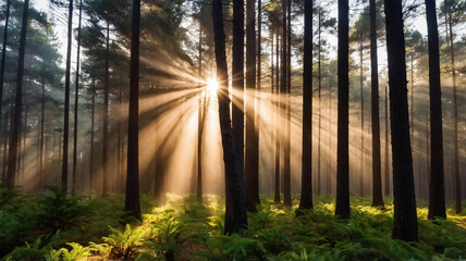 Obraz premium misty morning in the forest A beautiful nature at morning in the misty spring forest with sun. The forest is full of life