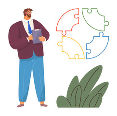 Businessman in formal attire with a clipboard next to interconnected puzzle pieces, promoting teamwork, strategy, problem-solving, planning, organization, partnerships, and goal-setting. A simple