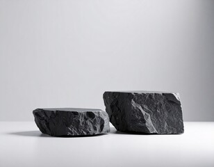 Modern Minimalist Black Stone Product Display Platforms; Elegant, Raw Texture, Studio Shot.