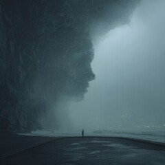 Misty coastline view of a solitary figure standing by the sea at the foot of a cliff face, under a heavy sky with lights in the distance.