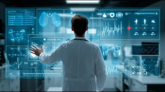 Business doctor analyzing a digital dashboard full of healthcare icons, such as electronic health records, medical charts, and wearable health trackers in a futuristic clinic