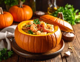 Autumnal Delight: A pumpkin bowl filled with a delightful seafood dish, elegantly presented on a wooden table with fresh ingredients.