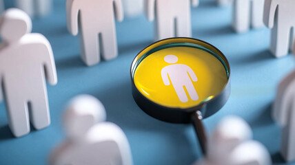 A unique individuality concept portrayed by a magnifying glass highlighting a standout pink figure on a bright yellow circle amid uniform icons on blue.

