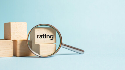 An analytical performance rating concept captured with a magnifying glass focusing on a wooden block marked RATING within a structured cube stack.
