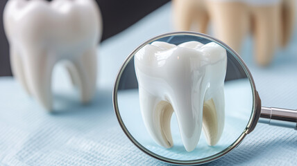 A meticulous dental health concept shown by a magnifying glass enlarging a pristine tooth model during an oral inspection scenario.
