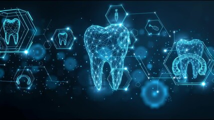 Digital interface with glowing dental icons such as tooth, dental drill, braces, and oral scanner, futuristic concept - Powered by Adobe