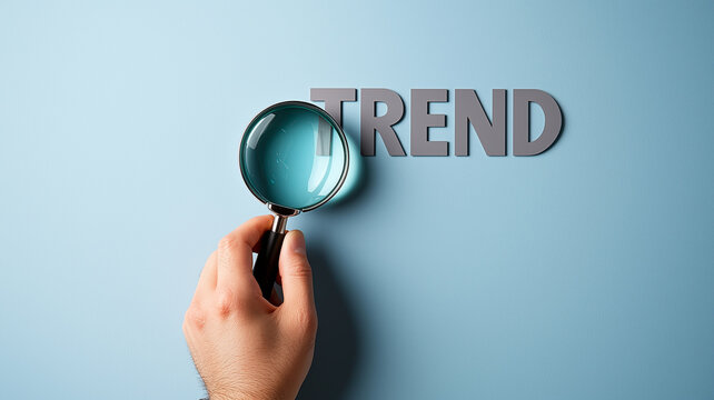 Trend Analysis Concept with Hand Holding a Magnifying Glass Over the Word TREND on Pastel Wall.
