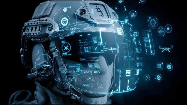 Futuristic military helmet heads-up display (HUD) showing icons of communication systems, thermal vision, targeting locks, and drone deployment