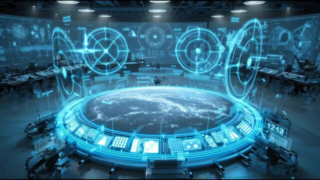 High-tech war room with 3D holograms and military icons including nuclear deterrence, defense shields, stealth aircraft, and missile tracking systems