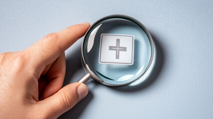 Healthcare Quality Inspection Symbolised by a Lens Focused on a Medical Cross.

