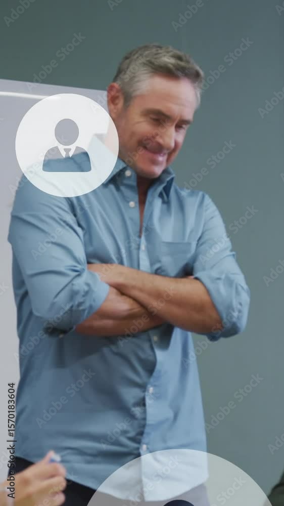 Aufkleber animation of multiple profile icons floating over diverse colleagues discussing together at office