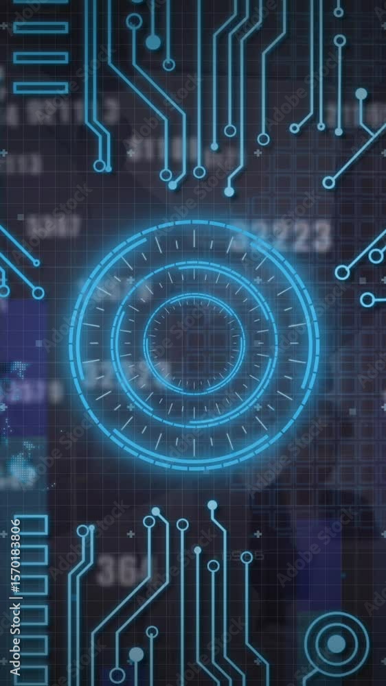 Poster animation of round scanners, microprocessor connections against changing numbers and data processing