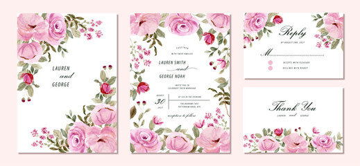 wedding invitation set with beautiful pink floral watercolor frame
