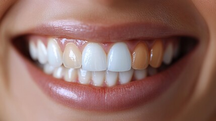 Obraz premium Closeup Of A Woman's Smile Showing Teeth Whitening Results Before And After Comparison. Dental Care and Oral Hygiene Improvement. Professional Teeth Whitening Treatment. Bright Smile Results. High