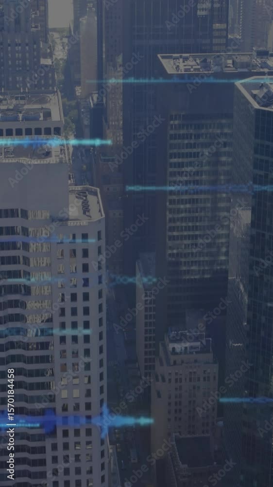 Poster animation of data processing against aerial view of cityscape