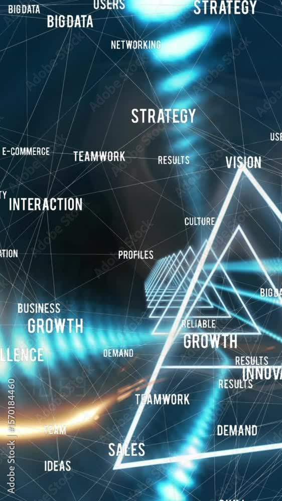 Poster animation of network of business concept icons and triangular shapes in seamless pattern