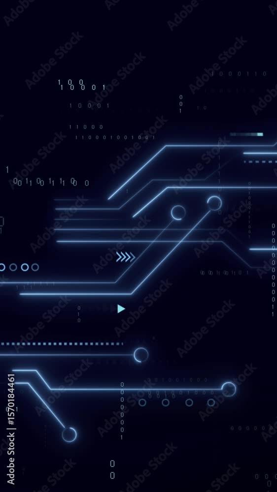 Poster animation of circuit board pattern over binary codes and connected dots on black background