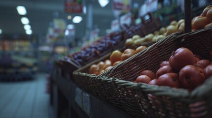 Fruit Baskets at the Store: Colorful produce in wicker baskets, apples, oranges, pears, and plums in a supermarket aisle with muted lighting.