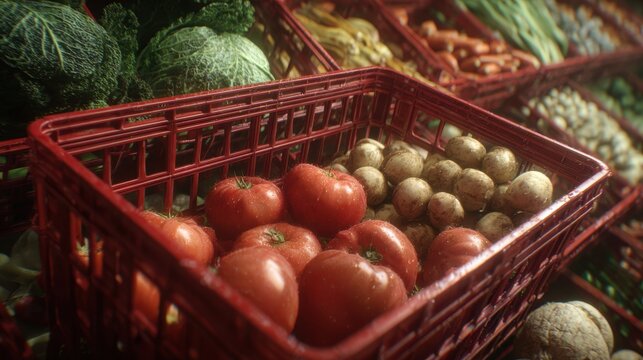 Fresh produce abundance: Tomatoes, mushrooms, cabbage, and more in red crates at a market display. A colorful and inviting scene.