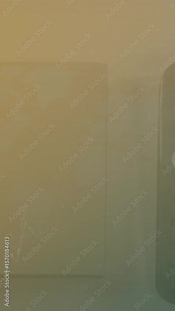 Poster animation of graphs with changing numbers, overhead view of diary, calculator, pen drive on table