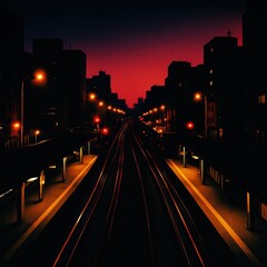 Fototapeta premium Urban train tracks at twilight with distant city silhouette and vibrant sky