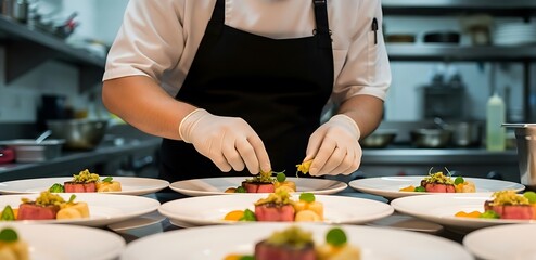 Chef Plating Food for Fine Dining Service in Commercial Kitchen