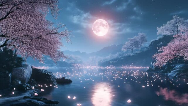 A full moon shining over cherry blossoms