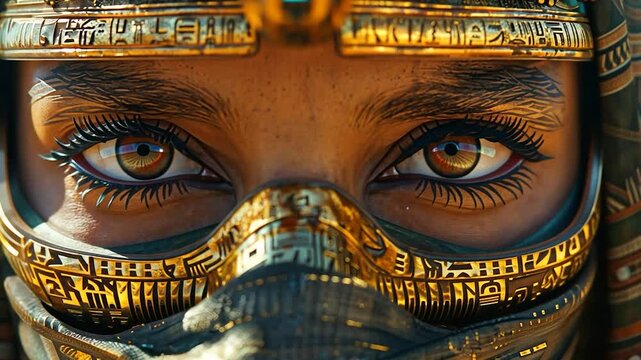 Close-up of a woman's face adorned with intricate golden mask,  eyes are intense and focused, desert-inspired aesthetic